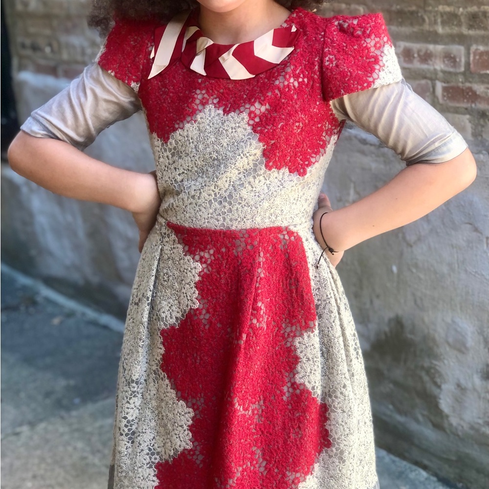 Pinco Pallino Red & Beige Lace Dress with Striped Ribbon Collar